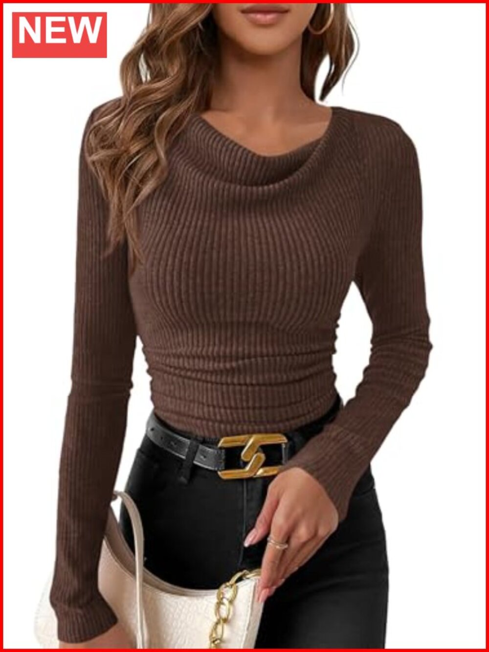 Women Cowl Neck Long Sleeve Ruched Crop Top Ribbed Knit Fitted